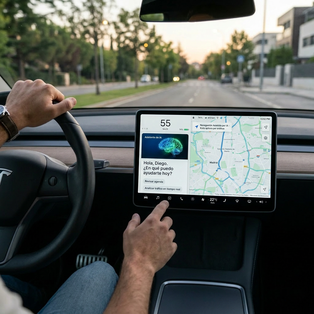 Car dashboard with Tesla touchscreen showing AI assistant menu in Spanish