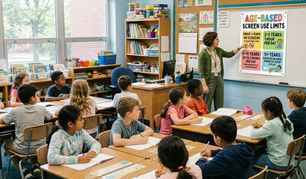 Teacher pointing to a poster about age-based screen use limits while students listen in classroom