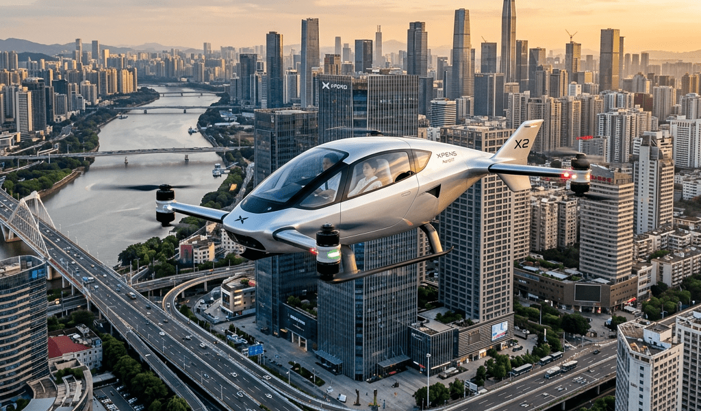 XPeng X2 air taxi prototype flying above city highways and tall buildings