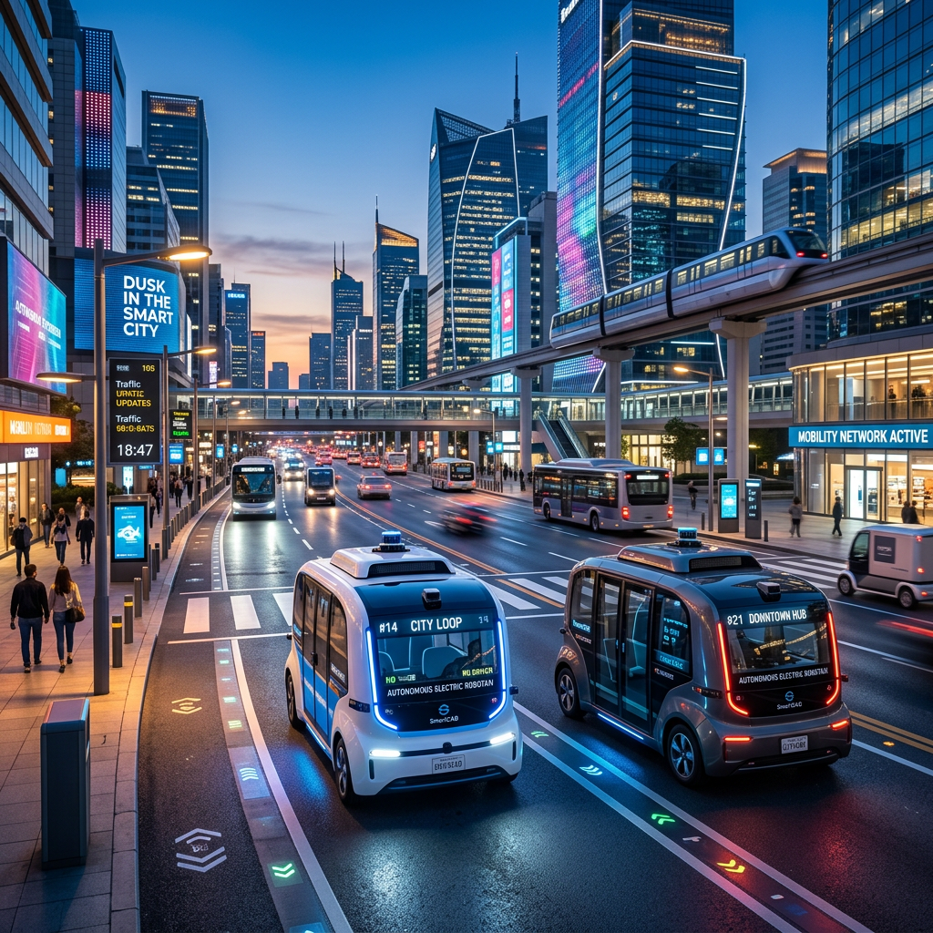 Two autonomous electric shuttles driving on a multi-lane city street under skyscrapers at dusk