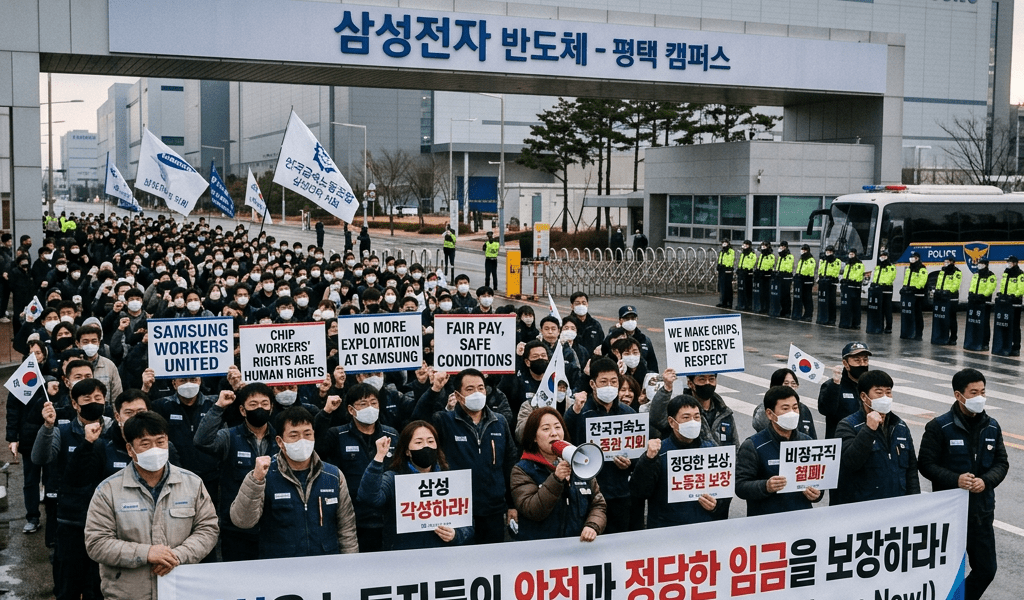 Protesting Samsung workers at Pyeongtaek campus holding signs for safety and fair wages