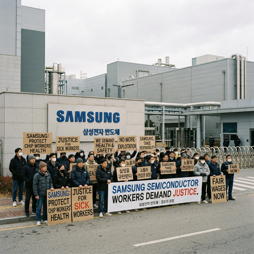 Group of Samsung semiconductor workers holding signs demanding justice, health protection, and fair wages outside factory