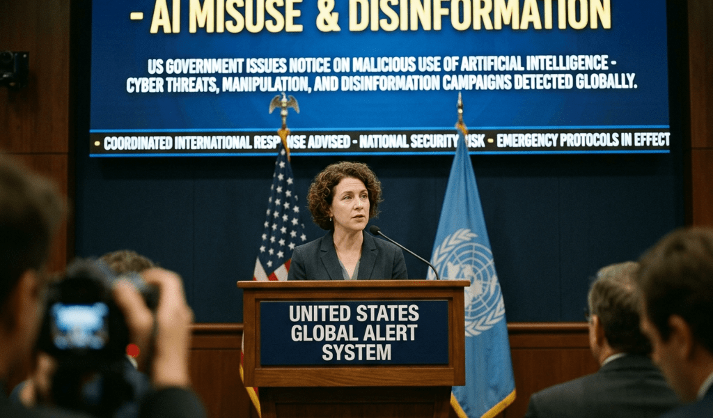 Government official speaking at podium about AI misuse and disinformation alert