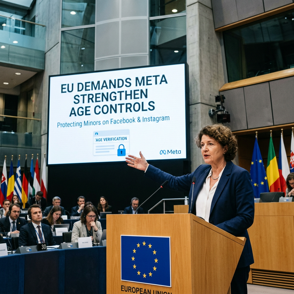 Speaker at European Union podium addressing need for Meta to improve age controls