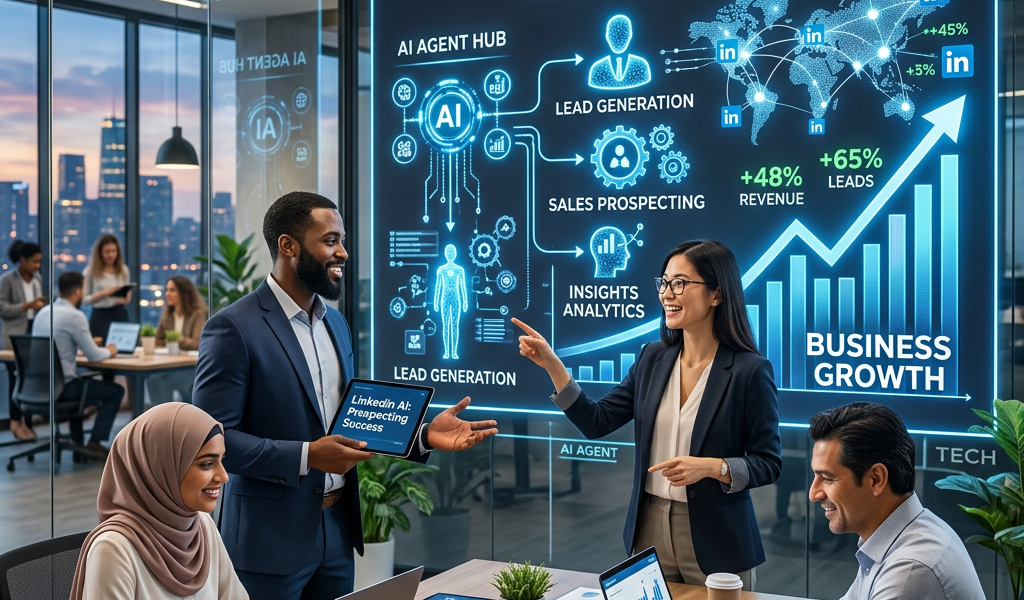 Business team collaborating with AI data visualization on LinkedIn growth