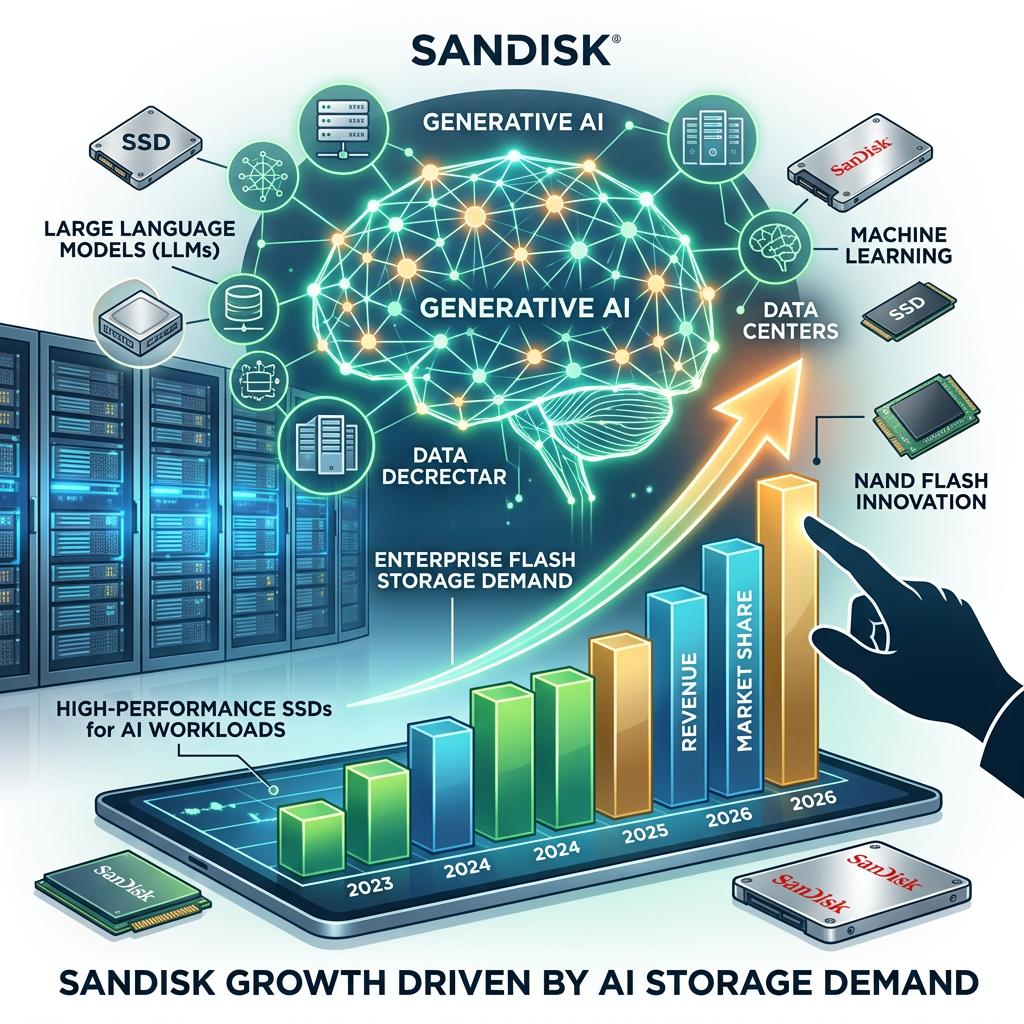 Graph showing projected revenue and market share growth for Sandisk flash storage in AI workloads from 2023 to 2026