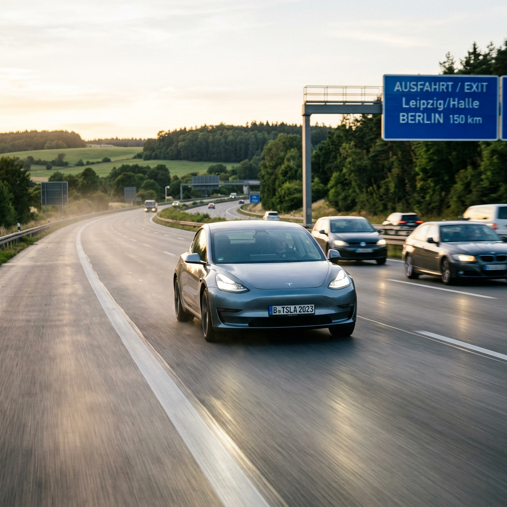 Tesla Model 3 electric car driving on a highway with Berlin exit sign