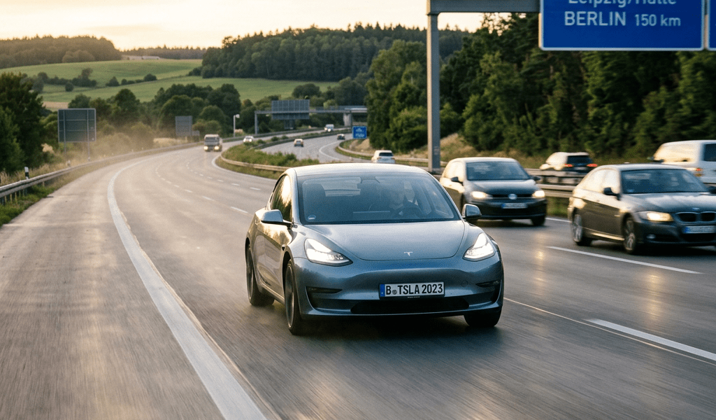 Tesla Model 3 electric car driving on a highway with Berlin exit sign