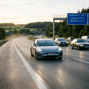 Tesla Model 3 electric car driving on a highway with Berlin exit sign