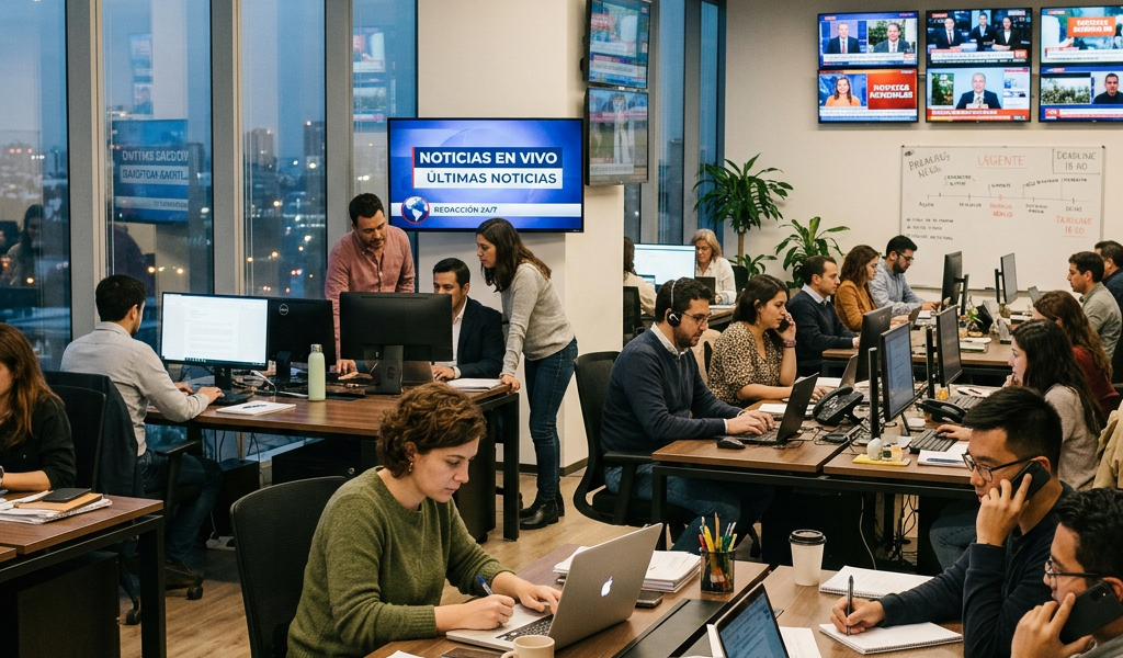 Newsroom with journalists working at computers and multiple live news screens