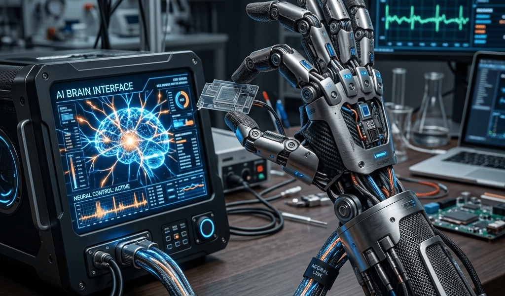 Robotic arm connected to AI brain interface device displaying neural activity and brain signals