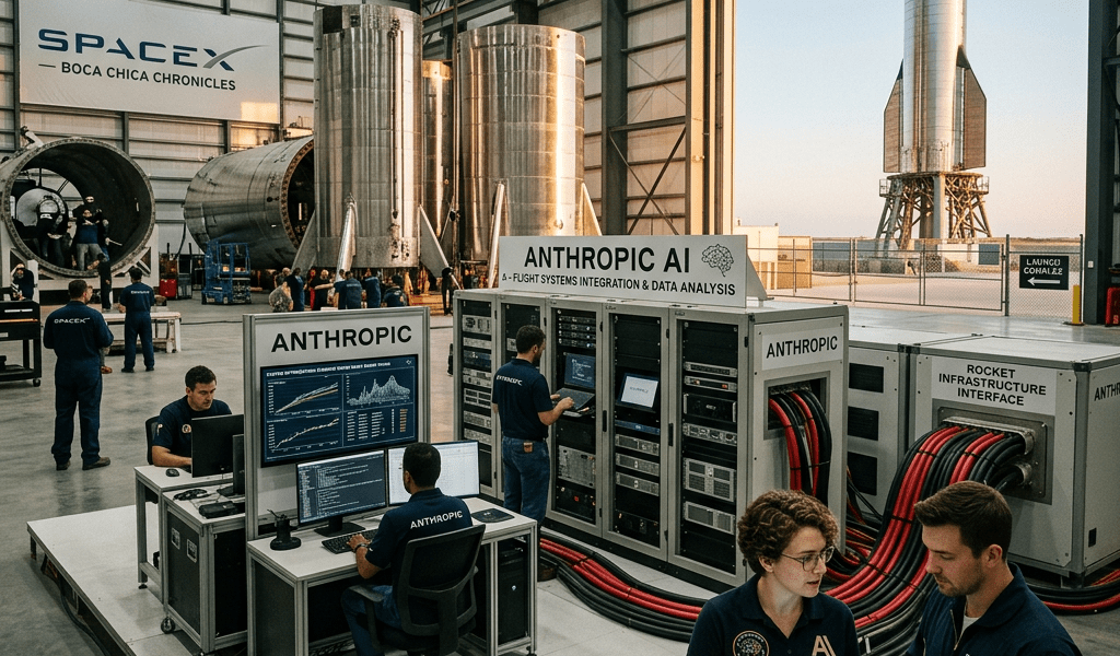 SpaceX engineers working with AI systems and rocket prototypes inside Boca Chica facility