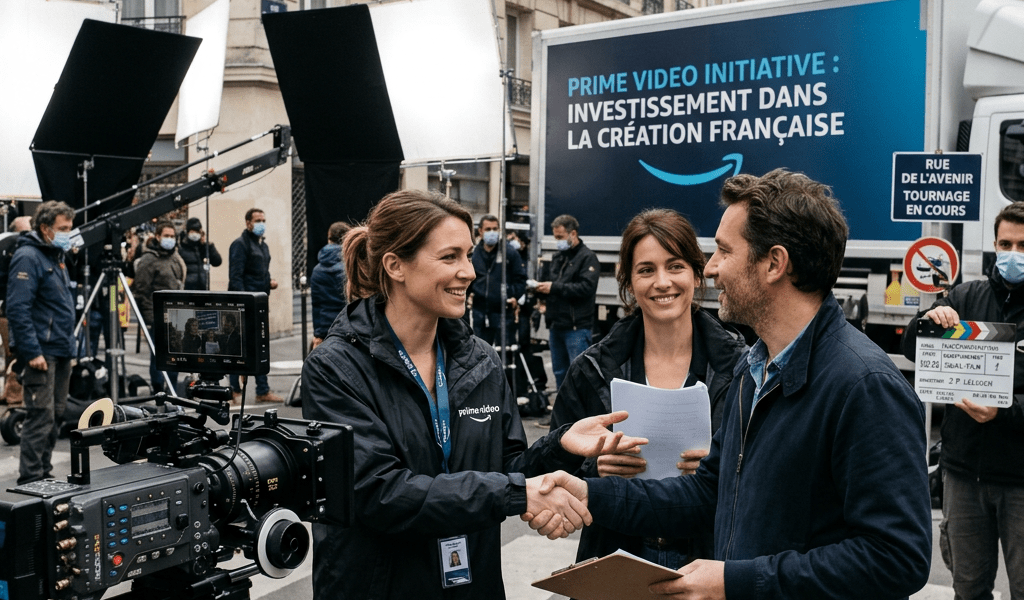 Film crew and actors shaking hands on Paris street with Prime Video production truck