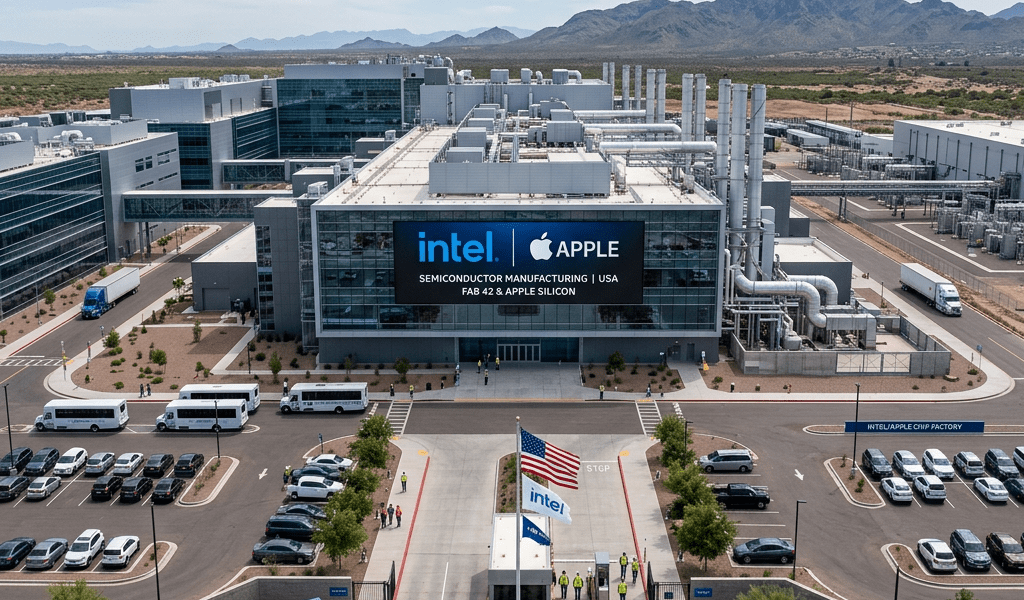 Semiconductor manufacturing plant with Intel and Apple logos, parking lots, and workers in safety vests