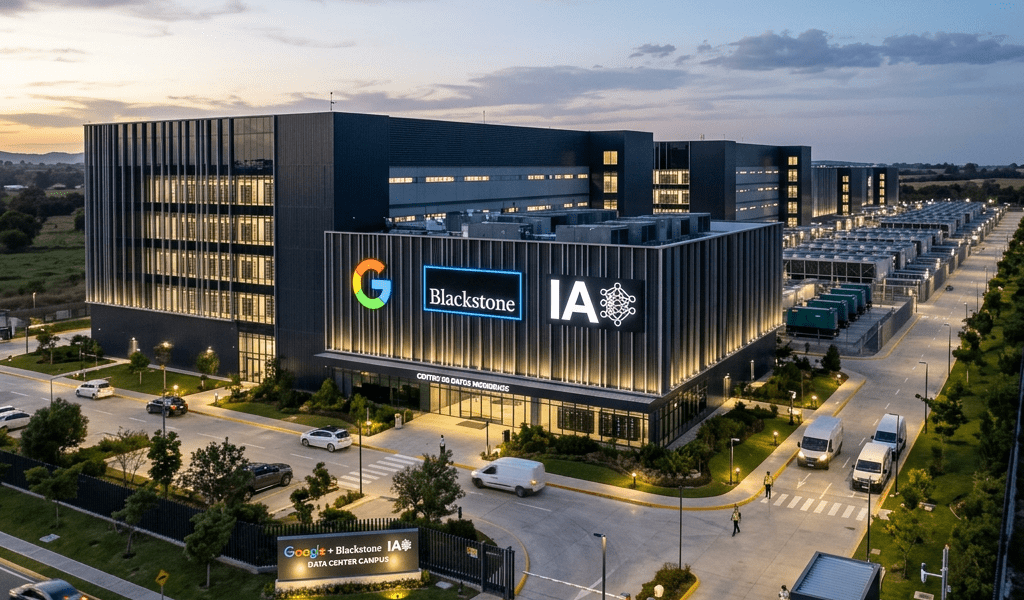 Modern data center campus with Google, Blackstone, and IA signage at dusk
