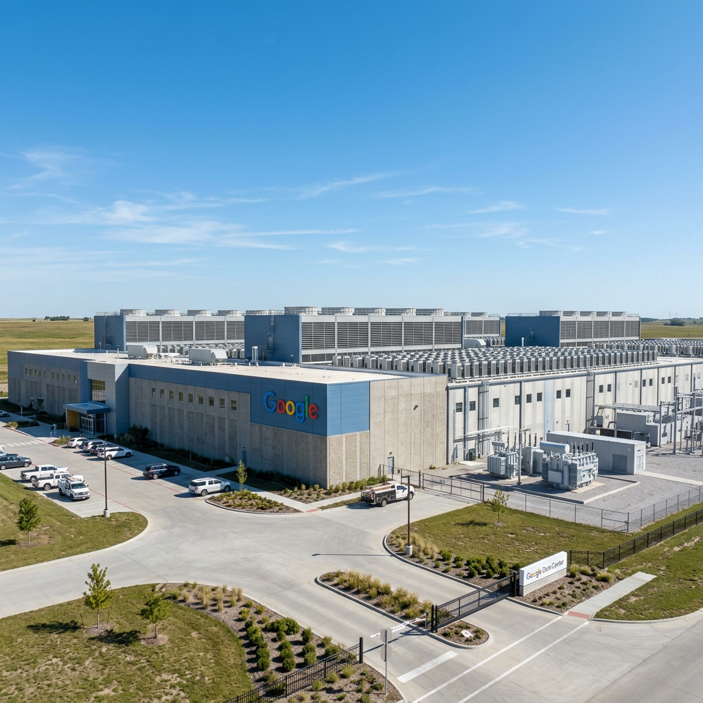 Exterior view of a Google data center building with parking and landscaping