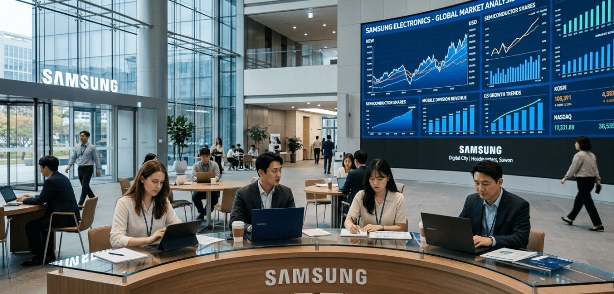 Group of Samsung employees working with laptops and tablets in a spacious office with large digital market analysis screens.