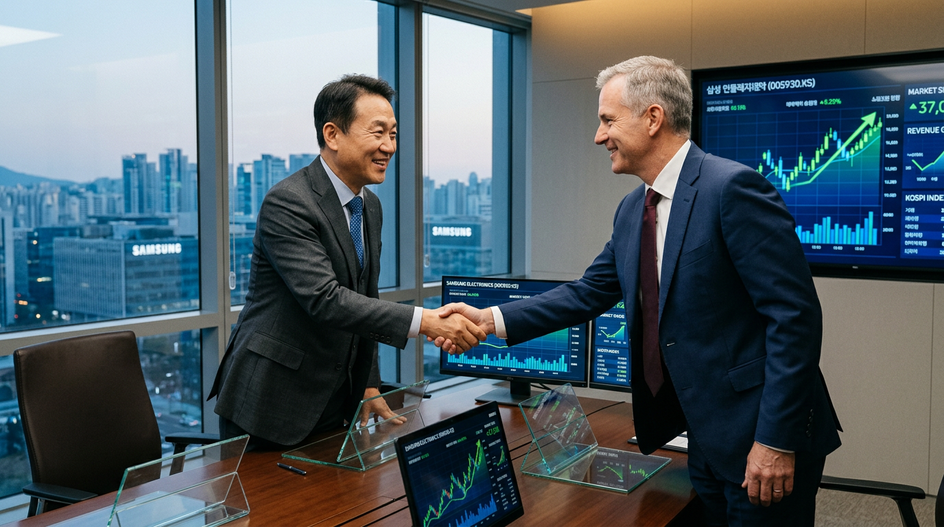 Two businessmen shaking hands in an office with financial charts on screens