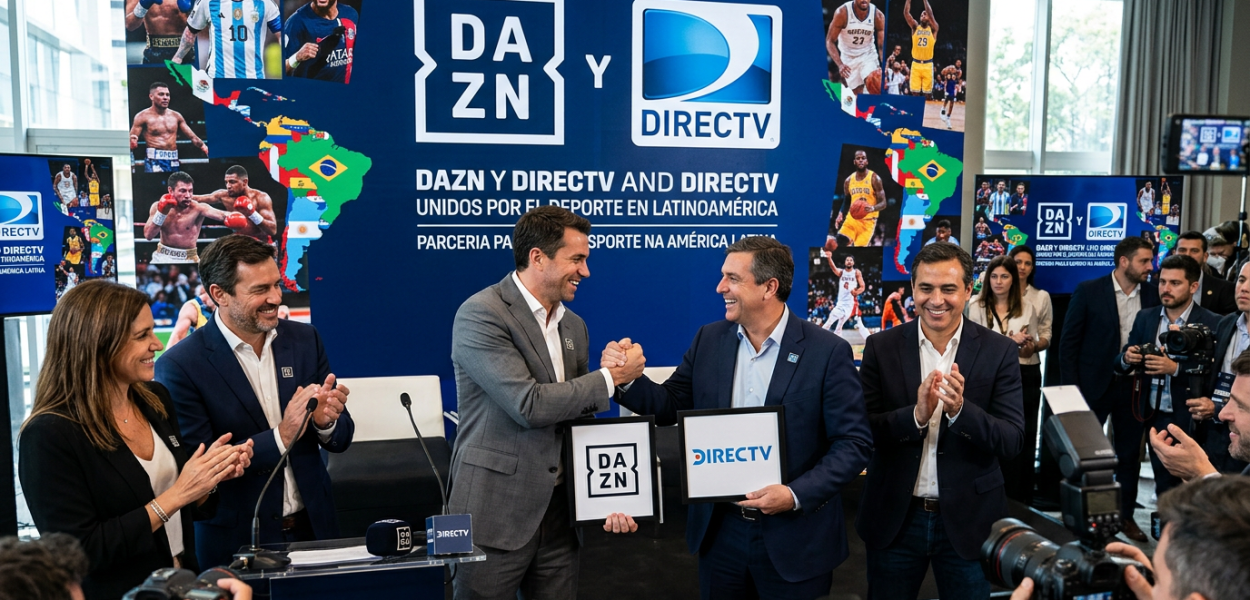 Executives shaking hands and holding DAZN and DIRECTV logos at partnership announcement