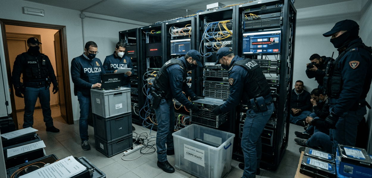 Police officers in a server room seizing computer servers and equipment during a cyber investigation