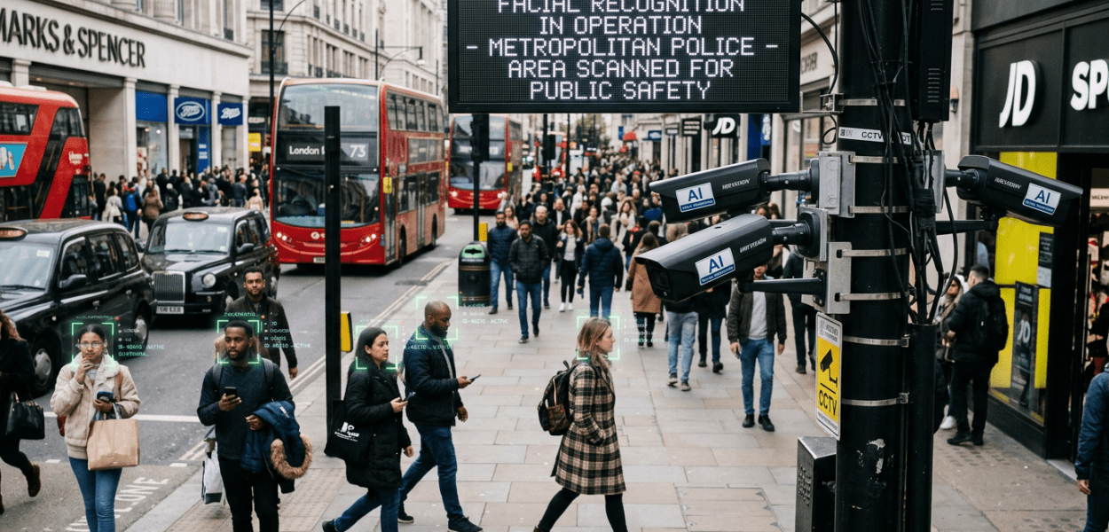 Facial recognition cameras monitoring pedestrians on a city sidewalk with safety warning sign