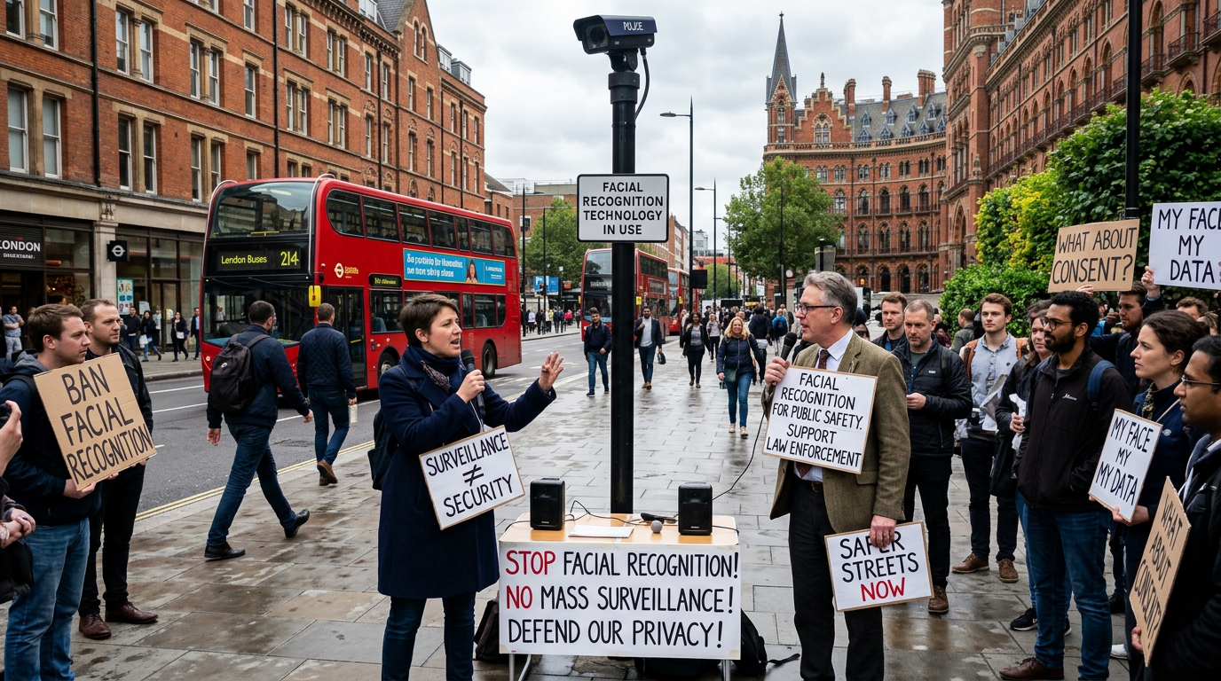 London street facial recognition debate scene