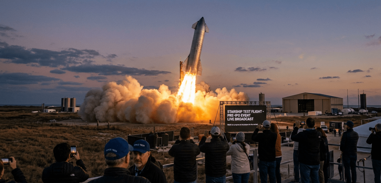 SpaceX Starship rocket launching vertically with flames and smoke, spectators capturing the event