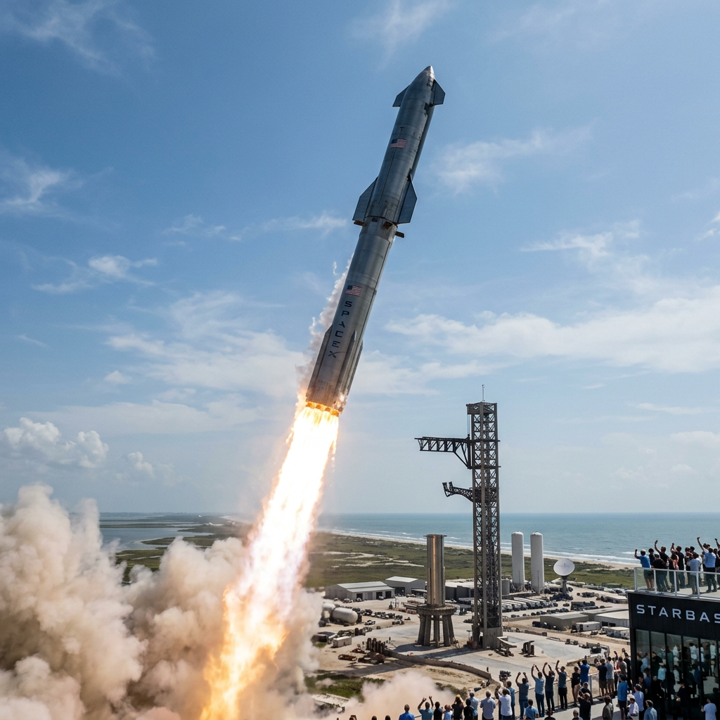 SpaceX Starship rocket launching vertically with flames and smoke, people watching and cheering