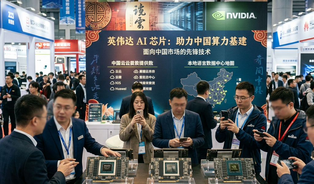 NVIDIA AI chips H100 80GB, A100, and Blackwell B200 displayed at tech expo booth with attendees