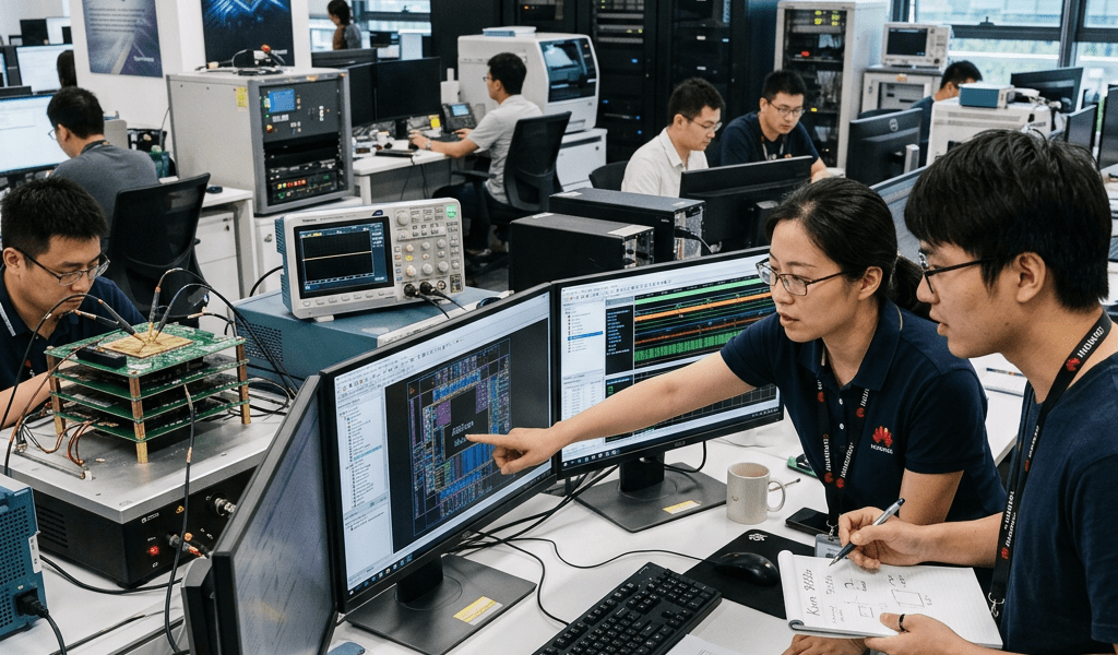 Engineers examining semiconductor chip layout on computer screens in a lab