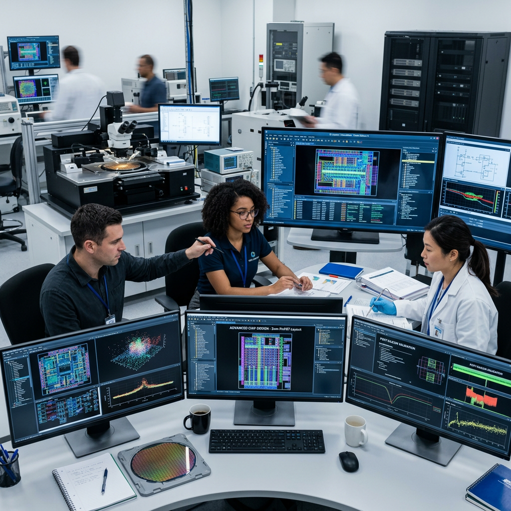 Engineers designing advanced semiconductor chips