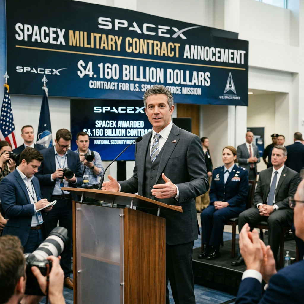 Man speaking at podium announcing SpaceX $4.16 billion contract for U.S. Space Force mission