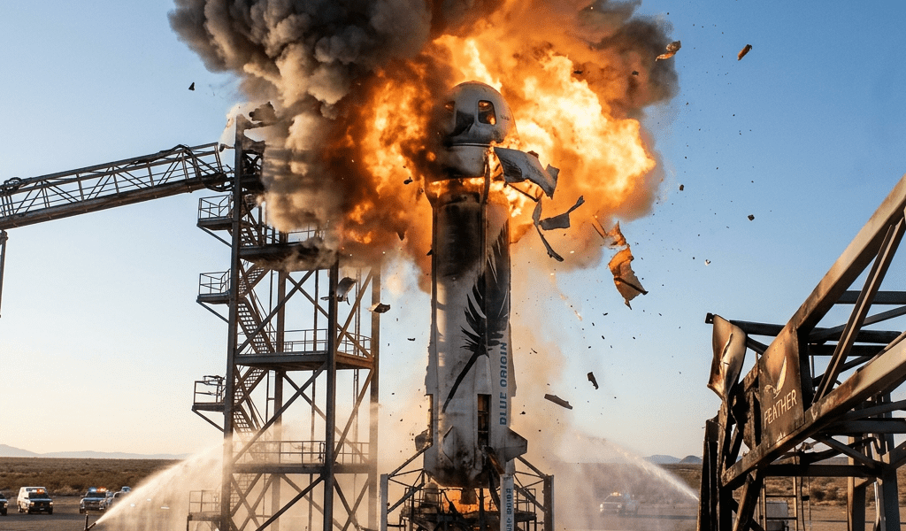 Blue Origin rocket engulfed in explosion with fire and smoke during ground test