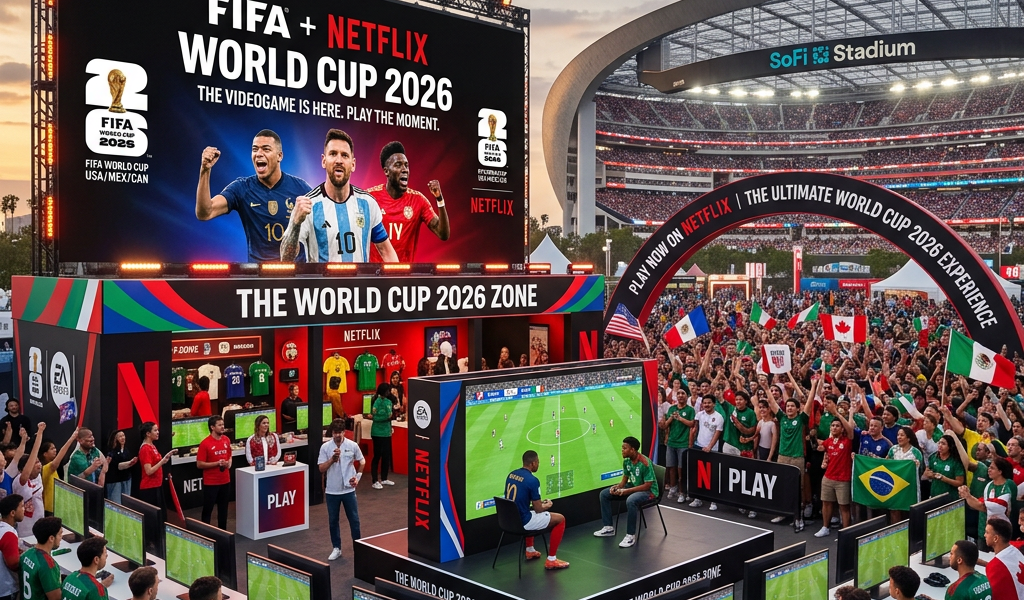 Crowd playing FIFA World Cup 2026 videogame at Netflix event with large screen at SoFi Stadium