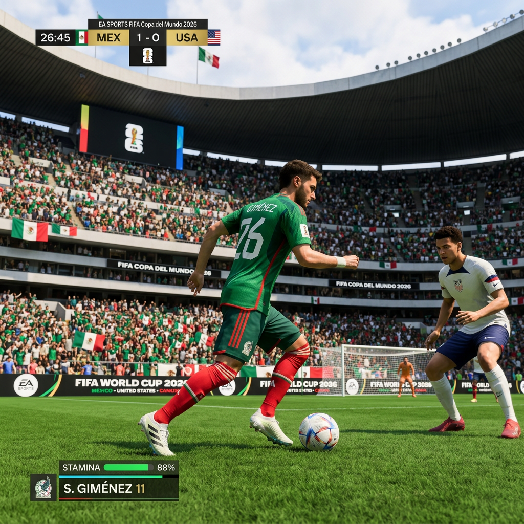 Mexican soccer player S. Giménez dribbling ball past USA defender in crowded stadium