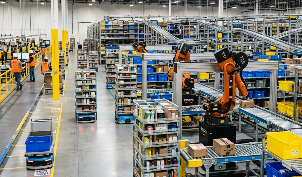 Warehouse with robotic arms and autonomous carts sorting packages and shelves