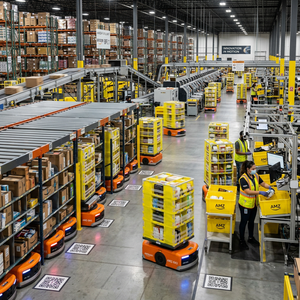 Autonomous robots carrying loaded yellow pallets through a warehouse with workers packing items