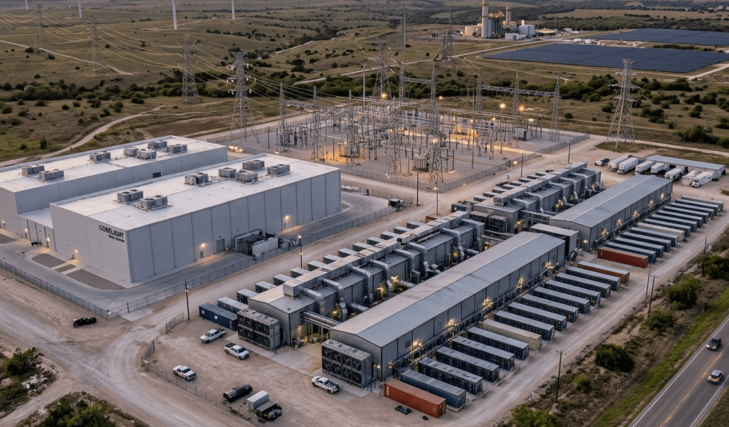 Utility facility with large battery storage units, electrical substation, wind turbines, and nearby power plant emitting smoke