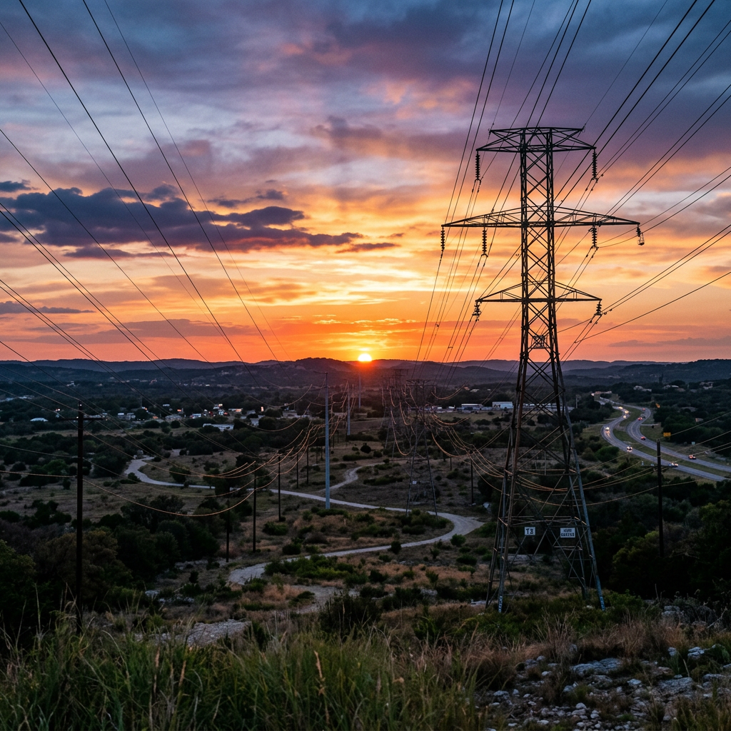 Texas electrical grid with power lines sunset