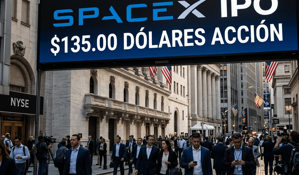 Digital sign showing SpaceX IPO price at $135.00 per share outside New York Stock Exchange