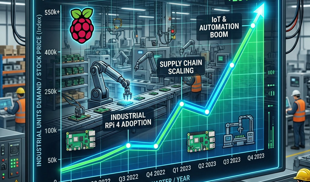 Graph showing Raspberry Pi industrial demand and stock surge with quarterly growth and automation labels