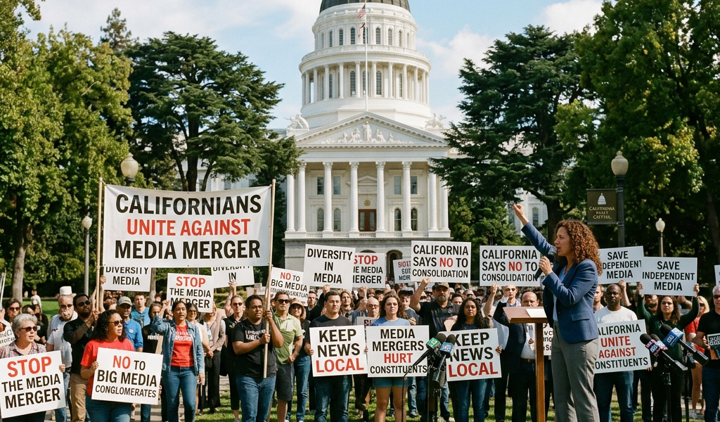Group of protesters holding signs against media mergers in front of California Capitol