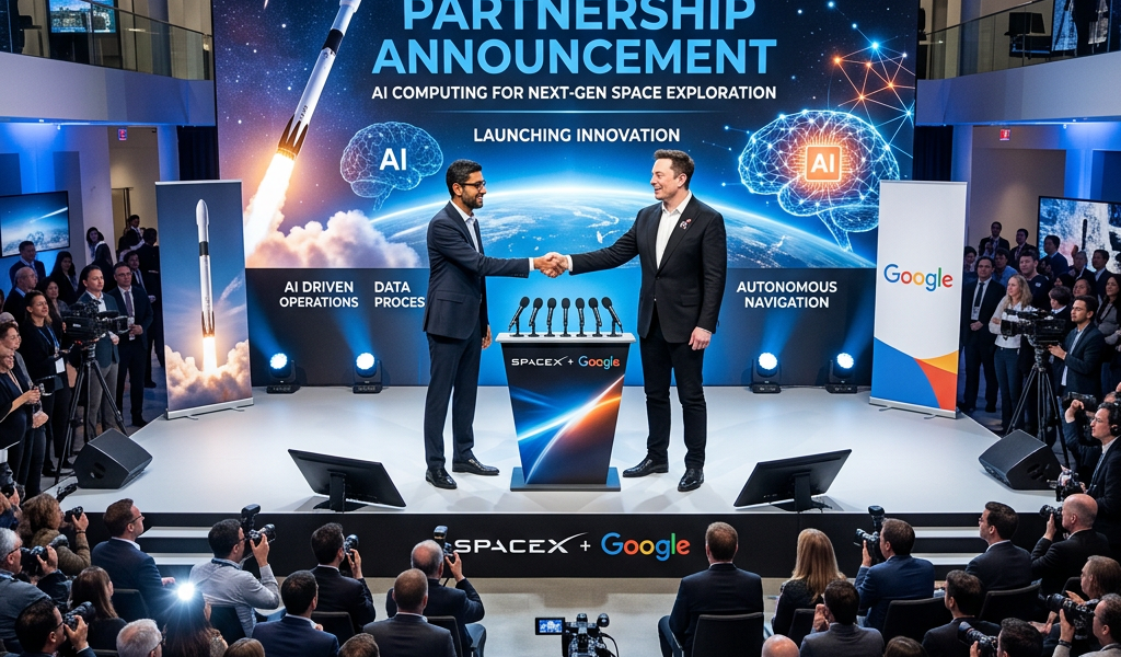 SpaceX and Google partnership announcement with two men shaking hands on stage
