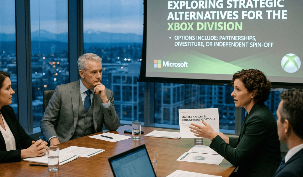 Business professionals in a boardroom reviewing strategic alternatives for Xbox division