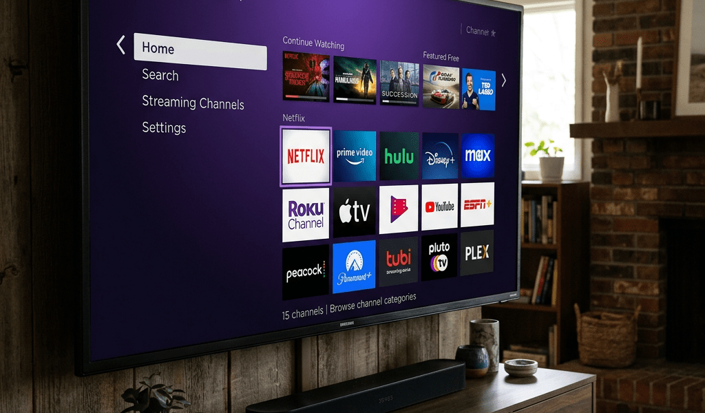 Roku TV home screen showing streaming apps like Netflix, Prime Video, Hulu, and YouTube