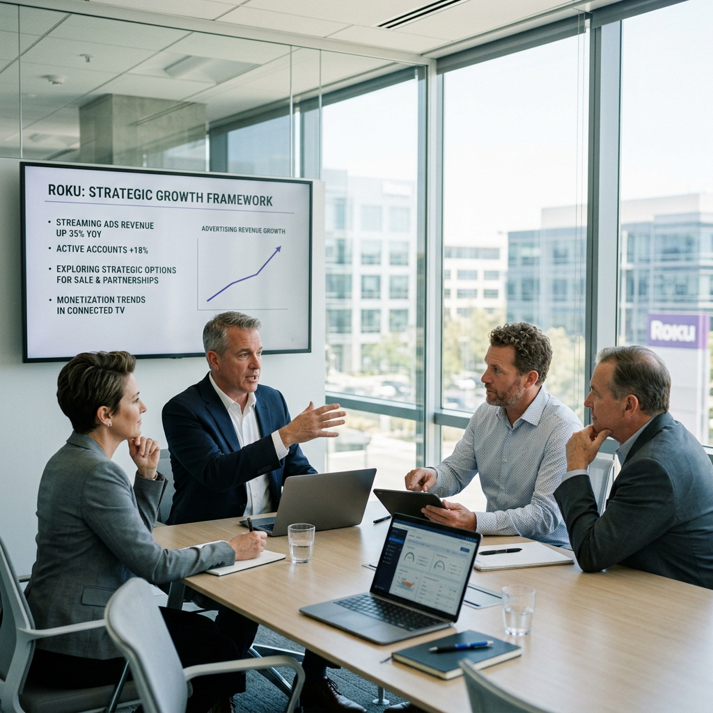 Four business professionals in a meeting discussing Roku's strategic growth framework with a presentation screen