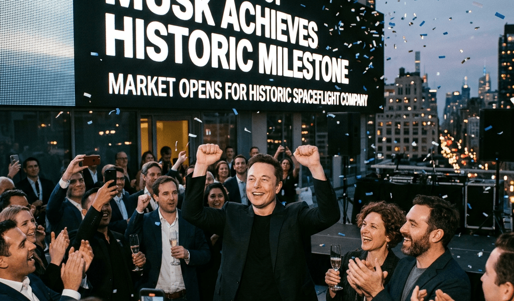 Elon Musk raising fists in celebration surrounded by applauding people and confetti under a SpaceX IPO announcement sign