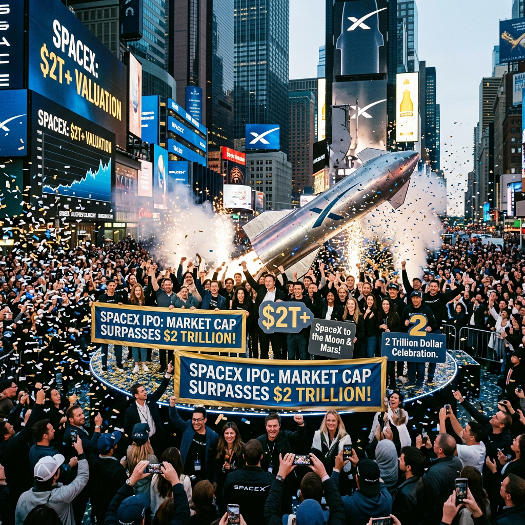 Crowd celebrating SpaceX surpassing $2 trillion market cap with banners, confetti, and rocket model