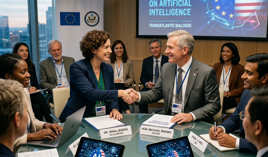 Two officials shaking hands at a meeting on EU-US artificial intelligence cooperation