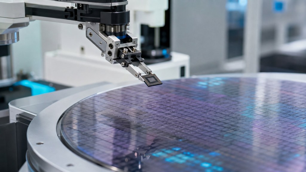 Brazo de inspección de semiconductores sobre una oblea de silicio